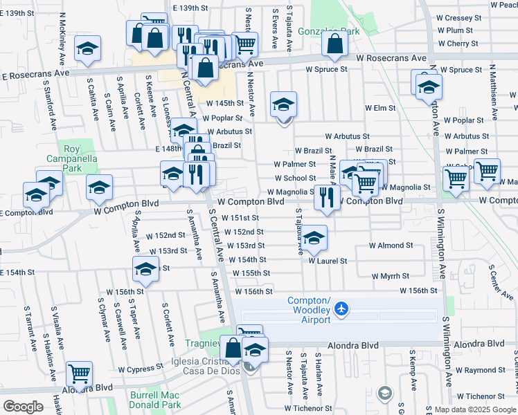 map of restaurants, bars, coffee shops, grocery stores, and more near 1498 West Compton Boulevard in Compton