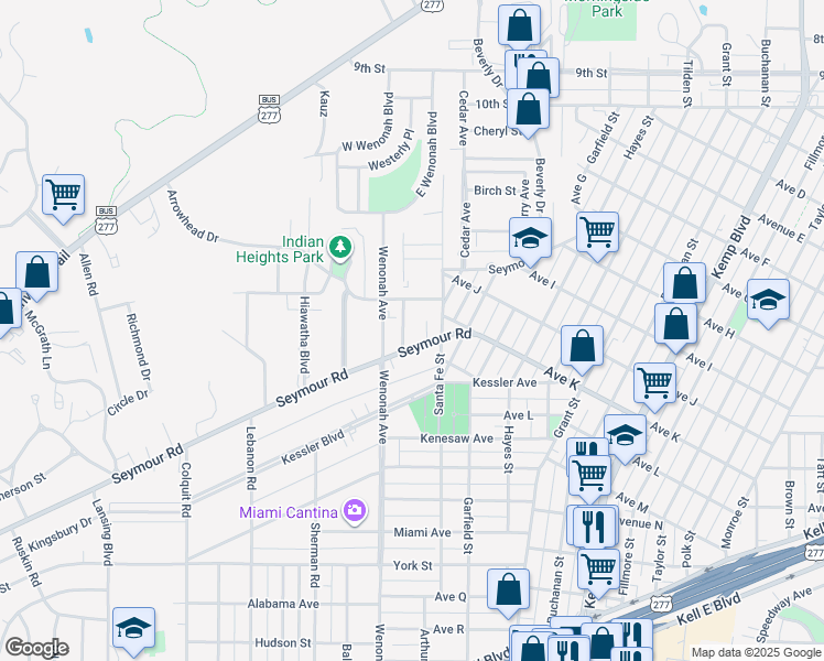 map of restaurants, bars, coffee shops, grocery stores, and more near 3220 Seymour Road in Wichita Falls