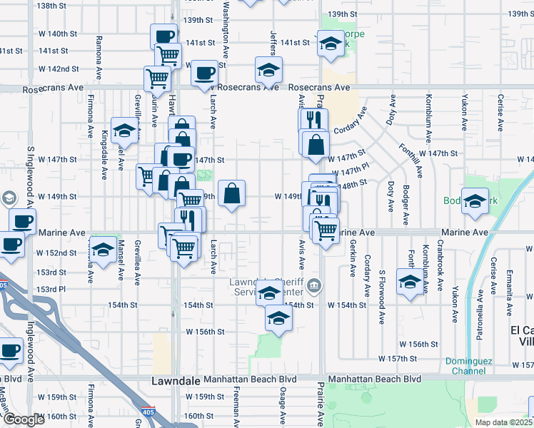 map of restaurants, bars, coffee shops, grocery stores, and more near 14928 Eastwood Avenue in Lawndale
