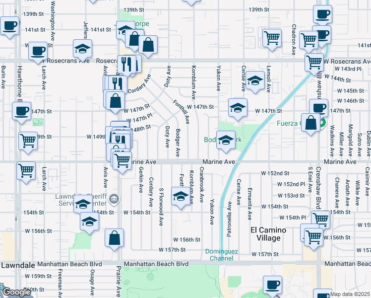map of restaurants, bars, coffee shops, grocery stores, and more near 15001 Fonthill Ave in Hawthorne