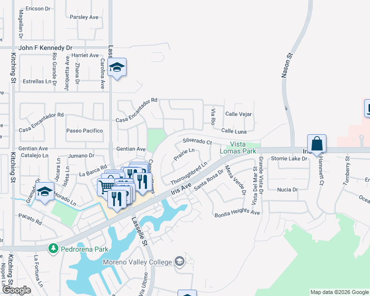 map of restaurants, bars, coffee shops, grocery stores, and more near 26422 Prairie Lane in Moreno Valley