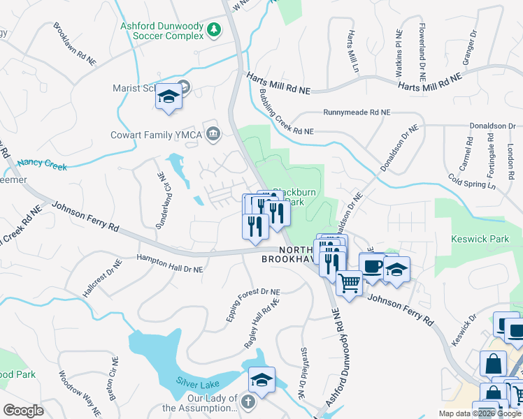 map of restaurants, bars, coffee shops, grocery stores, and more near 3566 Parkside Way in Brookhaven