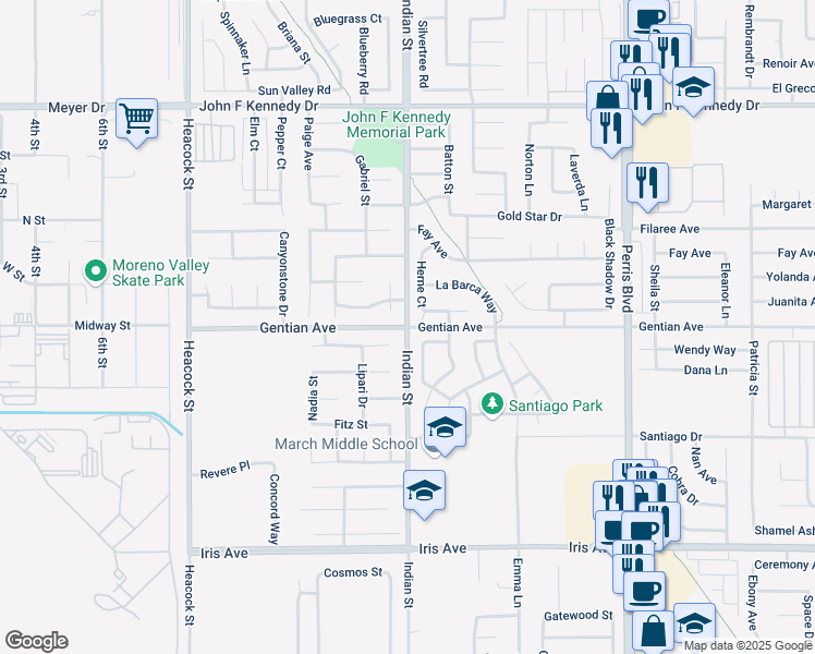 map of restaurants, bars, coffee shops, grocery stores, and more near 16600 Indian Street in Moreno Valley