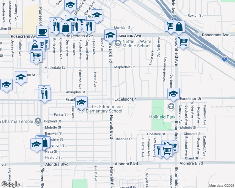 map of restaurants, bars, coffee shops, grocery stores, and more near 14920 Norwalk Boulevard in Norwalk