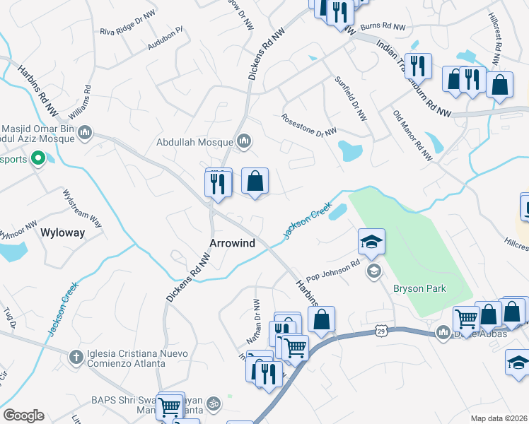 map of restaurants, bars, coffee shops, grocery stores, and more near 5170 Arrowind Road Northwest in Lilburn