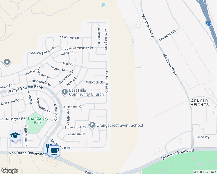 map of restaurants, bars, coffee shops, grocery stores, and more near 8572 Orchard Park Drive in Riverside