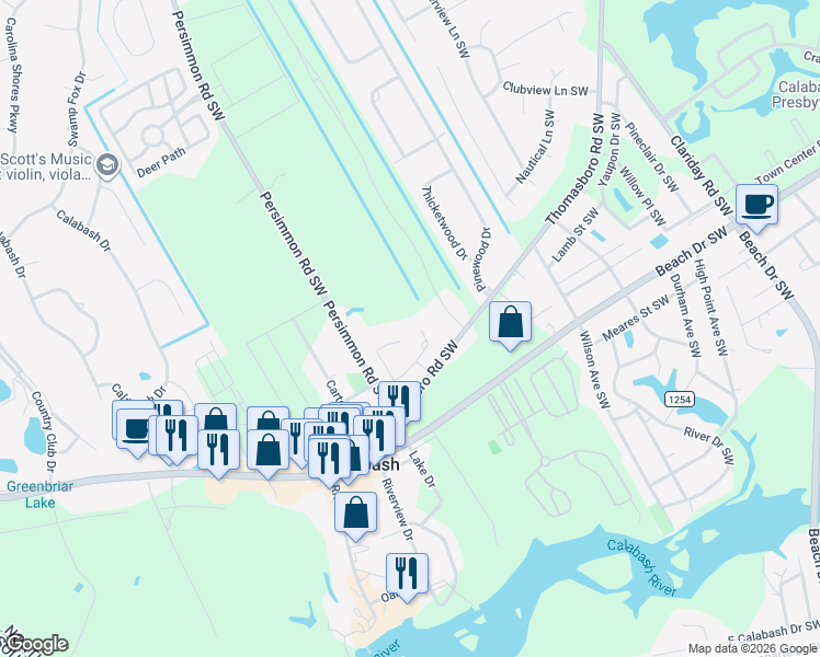 map of restaurants, bars, coffee shops, grocery stores, and more near 1410 Village Green Drive in Calabash