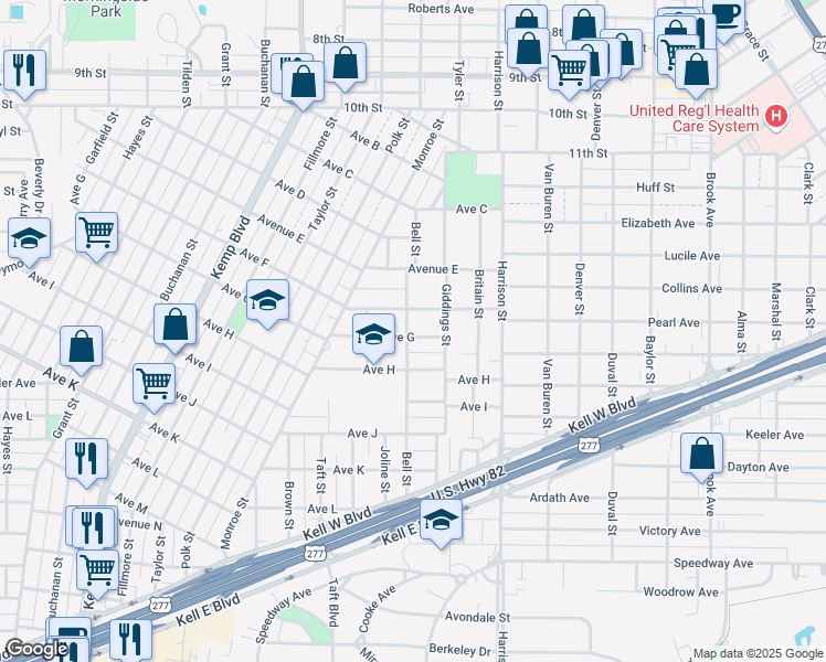 map of restaurants, bars, coffee shops, grocery stores, and more near 1611 Bell Street in Wichita Falls