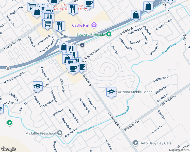 map of restaurants, bars, coffee shops, grocery stores, and more near 3242 Vista Terrace in Riverside