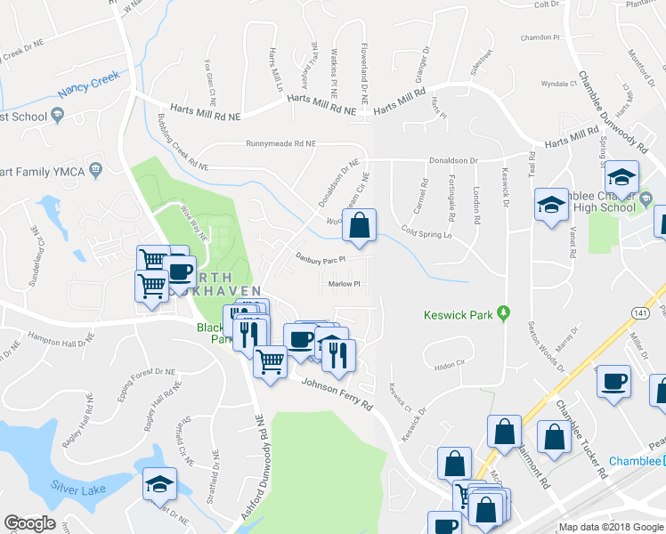 map of restaurants, bars, coffee shops, grocery stores, and more near 1637 Danbury Parc Place in Atlanta