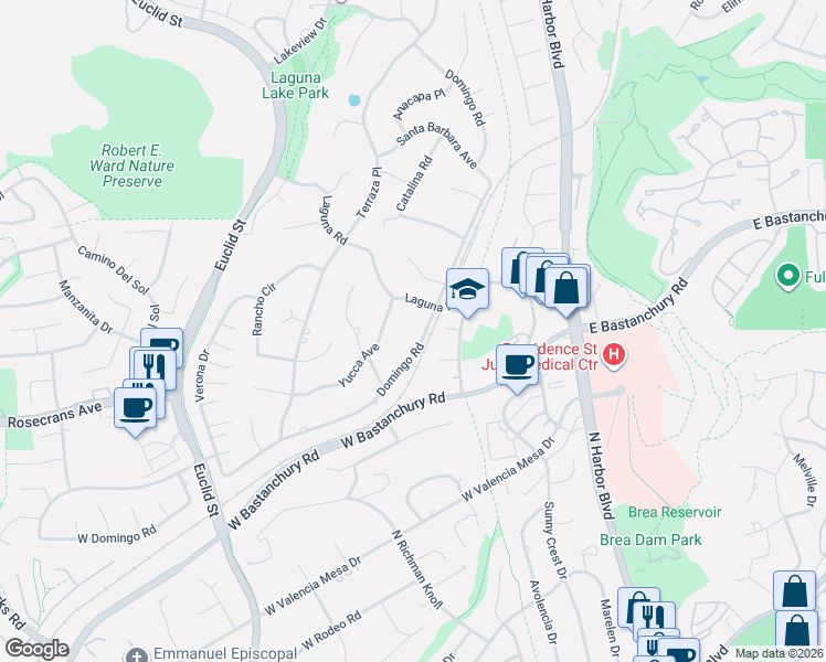 map of restaurants, bars, coffee shops, grocery stores, and more near 410 Fiesta Place in Fullerton