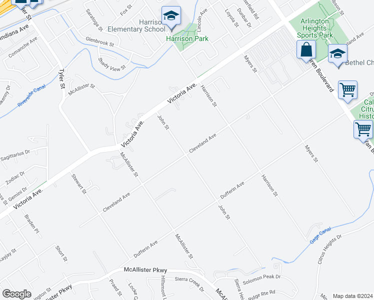 map of restaurants, bars, coffee shops, grocery stores, and more near 10091 Cleveland Avenue in Riverside