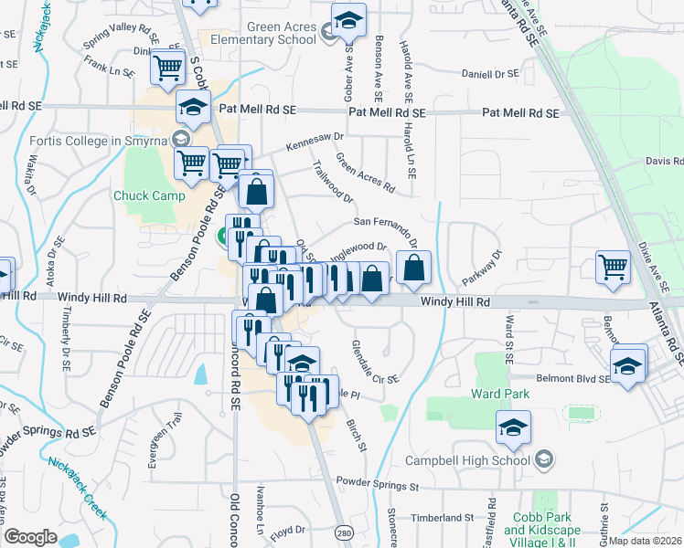 map of restaurants, bars, coffee shops, grocery stores, and more near 2387 Old Spring Road in Smyrna