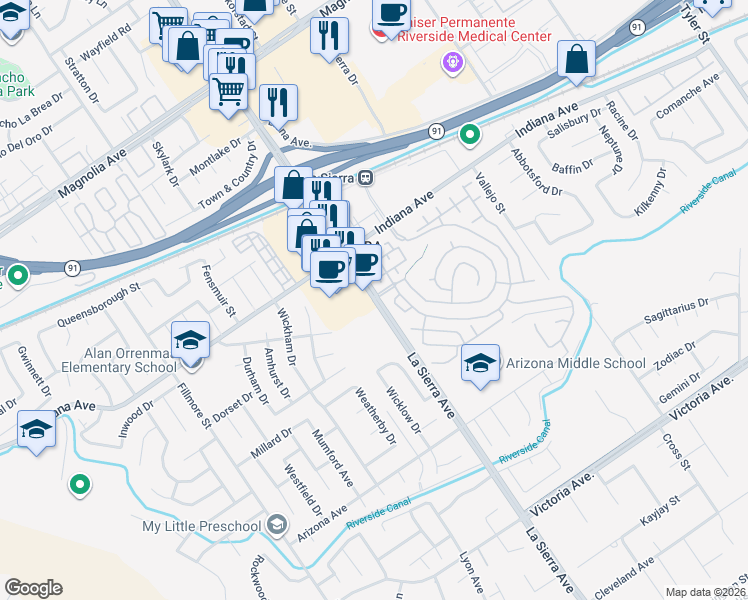 map of restaurants, bars, coffee shops, grocery stores, and more near La Sierra Avenue in Riverside