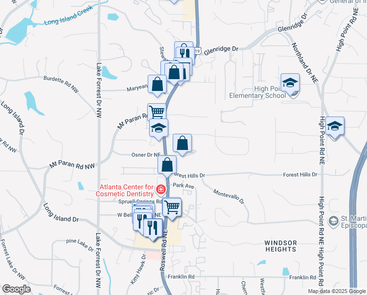 map of restaurants, bars, coffee shops, grocery stores, and more near 5157 Roswell Road in Sandy Springs