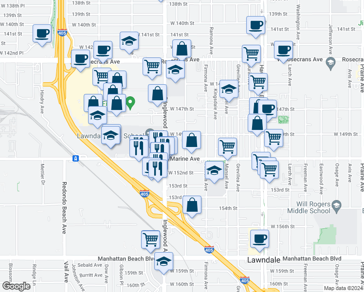map of restaurants, bars, coffee shops, grocery stores, and more near 14927 Condon Avenue in Lawndale
