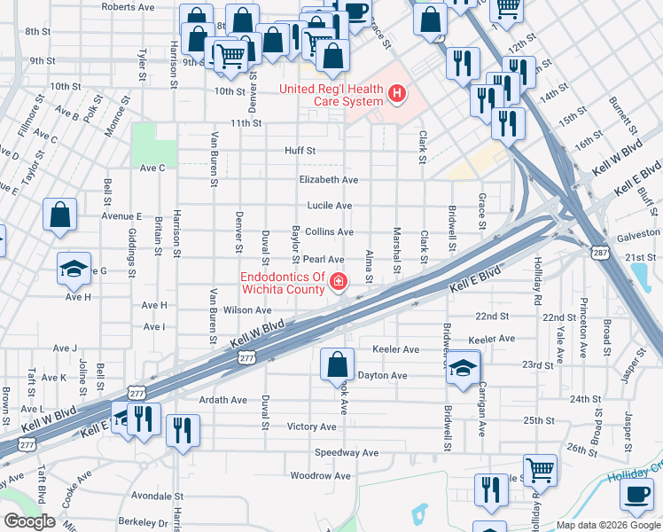 map of restaurants, bars, coffee shops, grocery stores, and more near 1713 Pearl Avenue in Wichita Falls