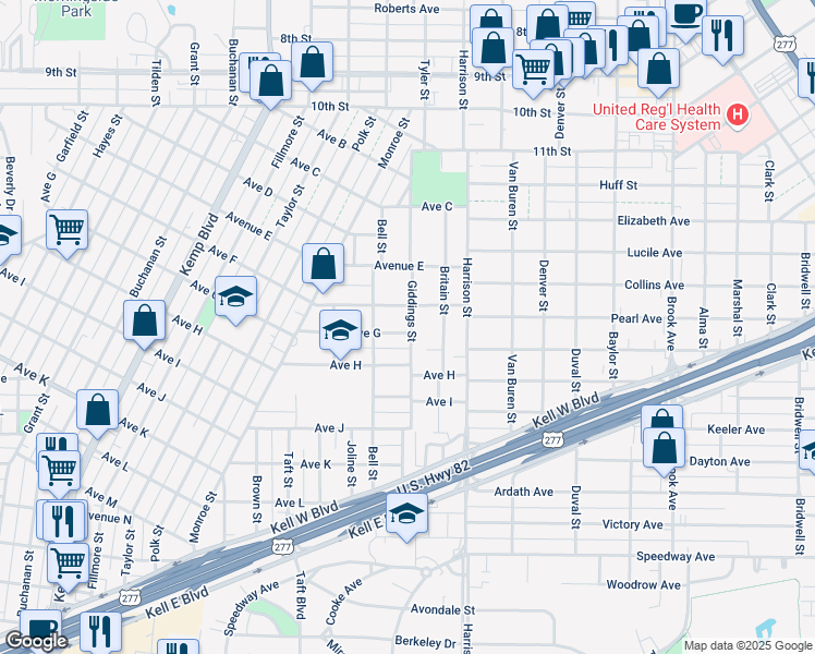 map of restaurants, bars, coffee shops, grocery stores, and more near 2120 Avenue G in Wichita Falls
