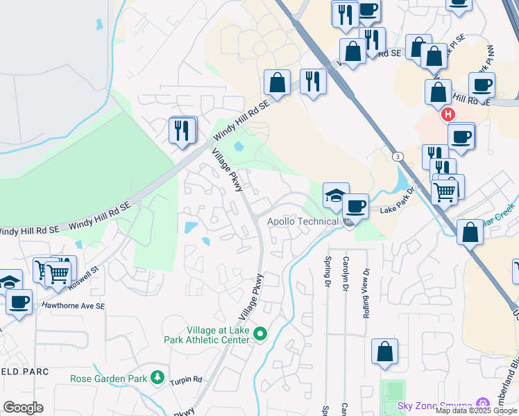 map of restaurants, bars, coffee shops, grocery stores, and more near 1800 Lake Park Drive in Smyrna