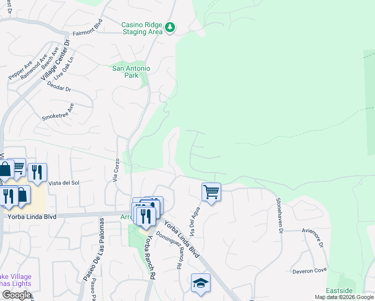 map of restaurants, bars, coffee shops, grocery stores, and more near 4610 Dorinda Road in Yorba Linda