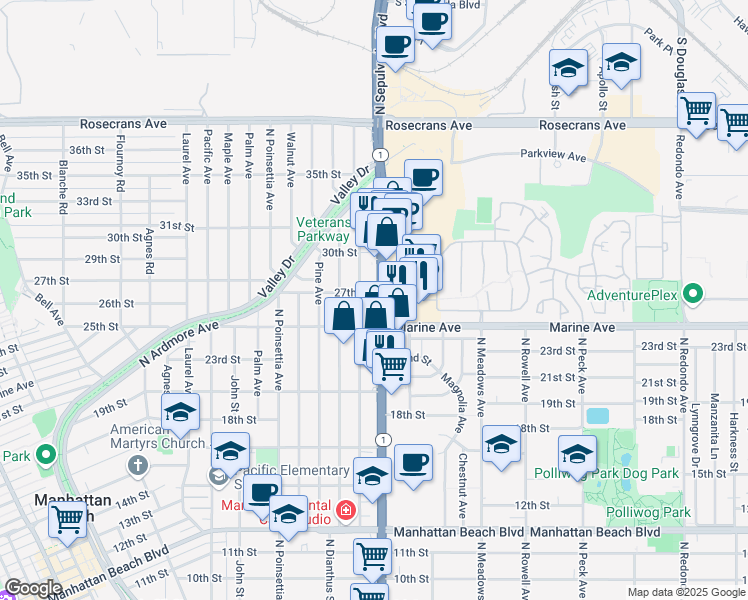 map of restaurants, bars, coffee shops, grocery stores, and more near 2613 North Sepulveda Boulevard in Manhattan Beach