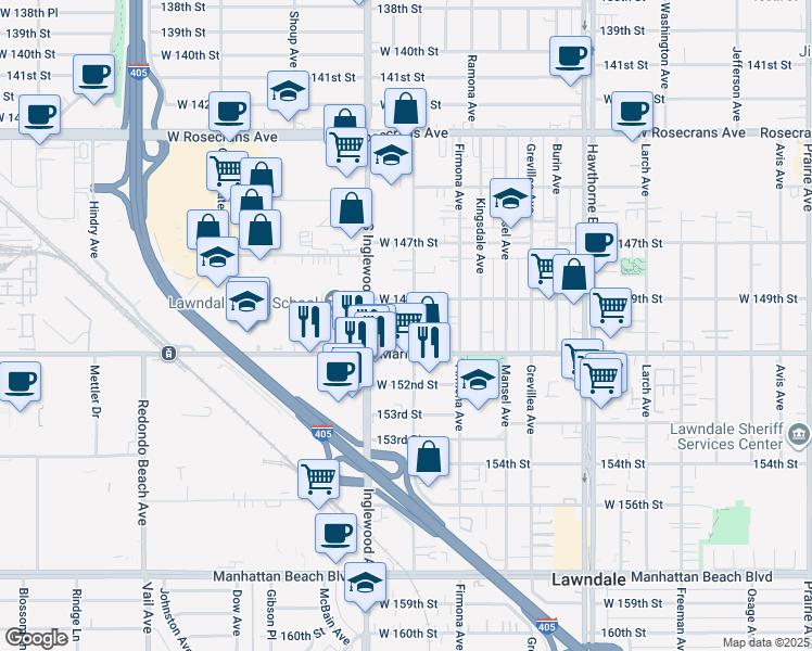 map of restaurants, bars, coffee shops, grocery stores, and more near 14927 Condon Avenue in Lawndale