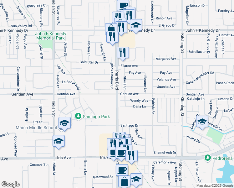 map of restaurants, bars, coffee shops, grocery stores, and more near Perris Blvd & Gentian Ave in Moreno Valley