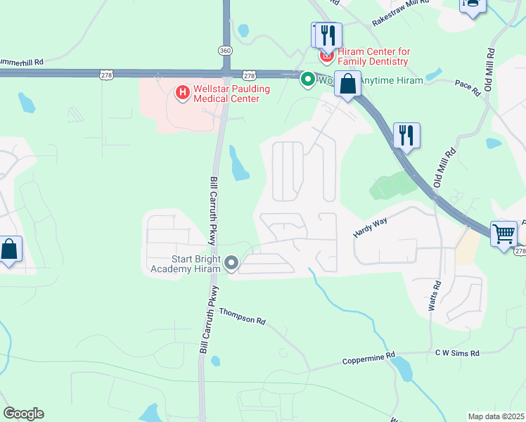 map of restaurants, bars, coffee shops, grocery stores, and more near 133 Greystone Circle in Hiram