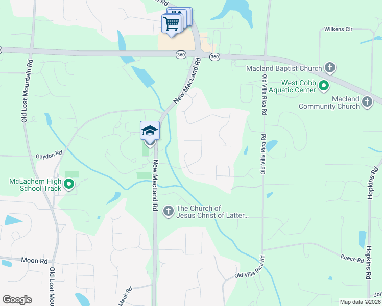 map of restaurants, bars, coffee shops, grocery stores, and more near 2441 Arapaho Way in Powder Springs