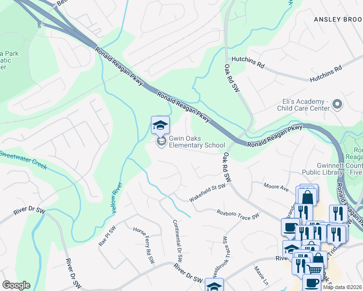 map of restaurants, bars, coffee shops, grocery stores, and more near 493 Comanche Trail in Lawrenceville