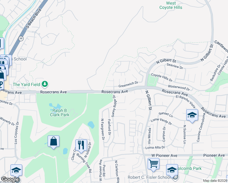 map of restaurants, bars, coffee shops, grocery stores, and more near Rosecrans Ave & Sunny Ridge Pl in Fullerton