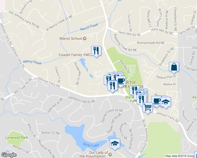 map of restaurants, bars, coffee shops, grocery stores, and more near 3741 Ashford Creek Avenue Northeast in Atlanta