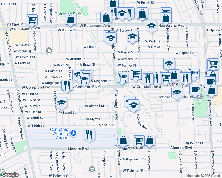 map of restaurants, bars, coffee shops, grocery stores, and more near 810 West Compton Boulevard in Compton