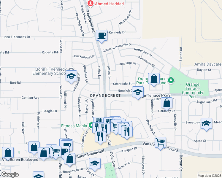 map of restaurants, bars, coffee shops, grocery stores, and more near 19338 Norwich Street in Riverside
