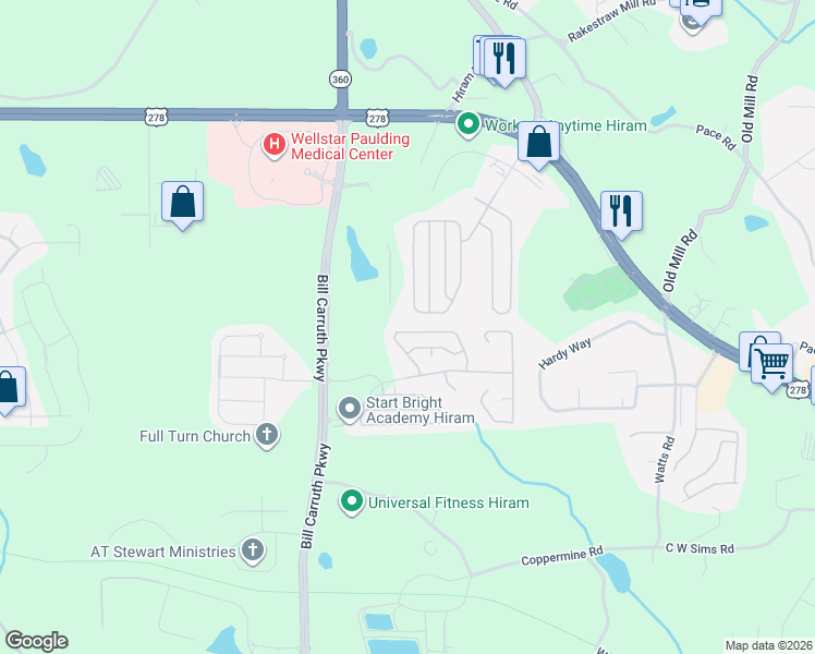 map of restaurants, bars, coffee shops, grocery stores, and more near 153 Greystone Circle in Hiram