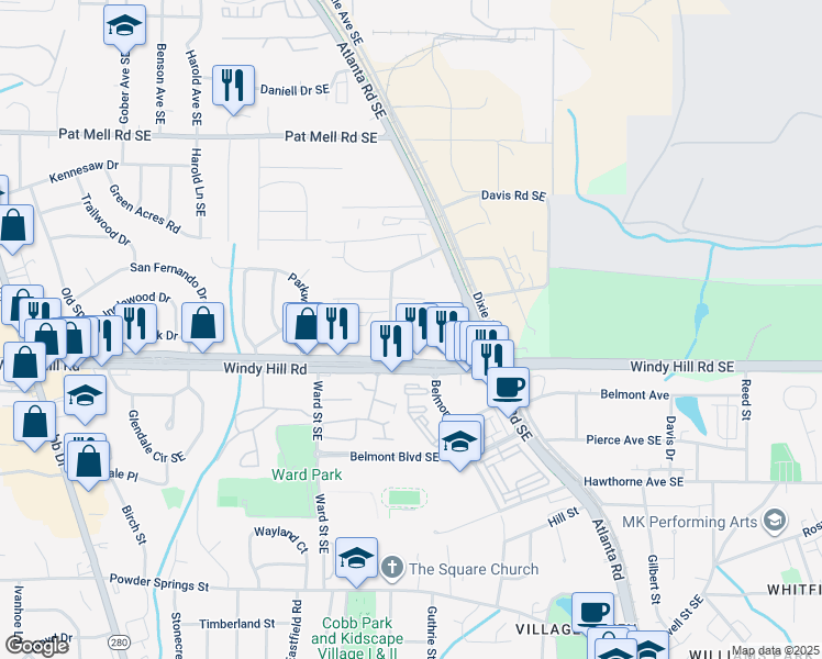 map of restaurants, bars, coffee shops, grocery stores, and more near 1000 Belmont Park Drive Southeast in Smyrna