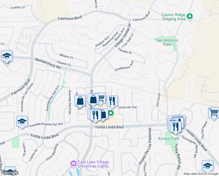 map of restaurants, bars, coffee shops, grocery stores, and more near 21635 Vía Pepita in Yorba Linda