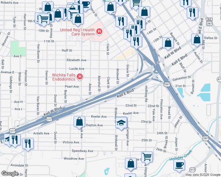 map of restaurants, bars, coffee shops, grocery stores, and more near 1623 Pearl Avenue in Wichita Falls