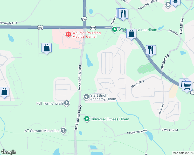 map of restaurants, bars, coffee shops, grocery stores, and more near 125 Greystone Cir in Hiram