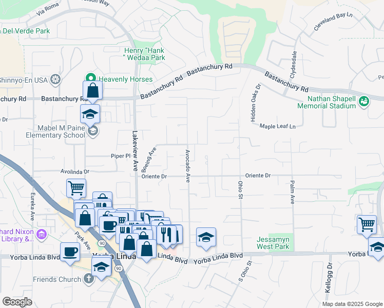 map of restaurants, bars, coffee shops, grocery stores, and more near 4511 Camela Street in Yorba Linda