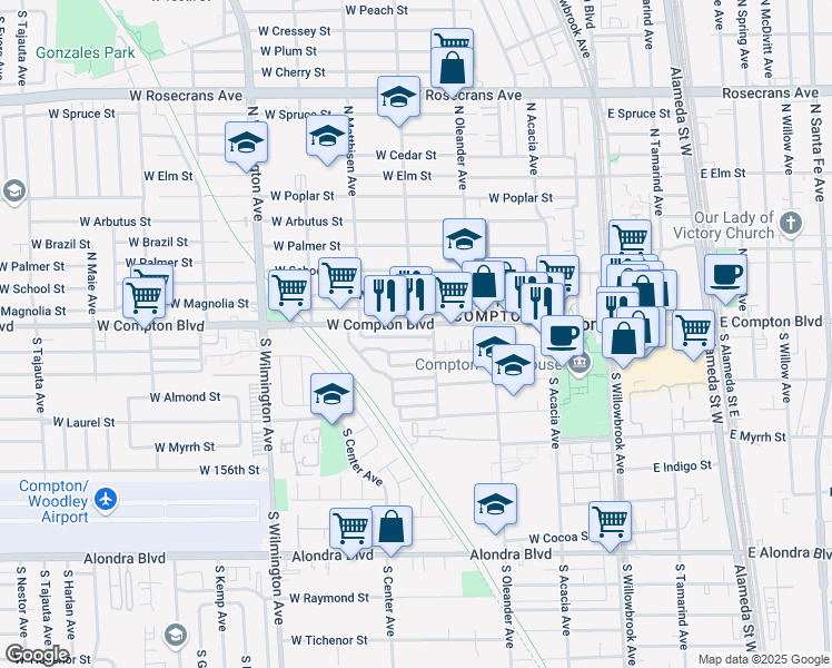 map of restaurants, bars, coffee shops, grocery stores, and more near 516 West Compton Boulevard in Compton