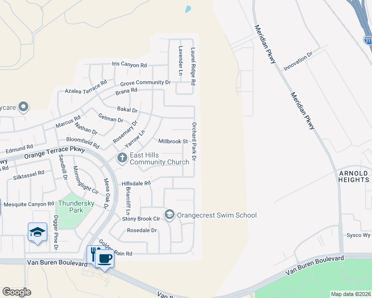 map of restaurants, bars, coffee shops, grocery stores, and more near 20868 Kingston Lane in Riverside