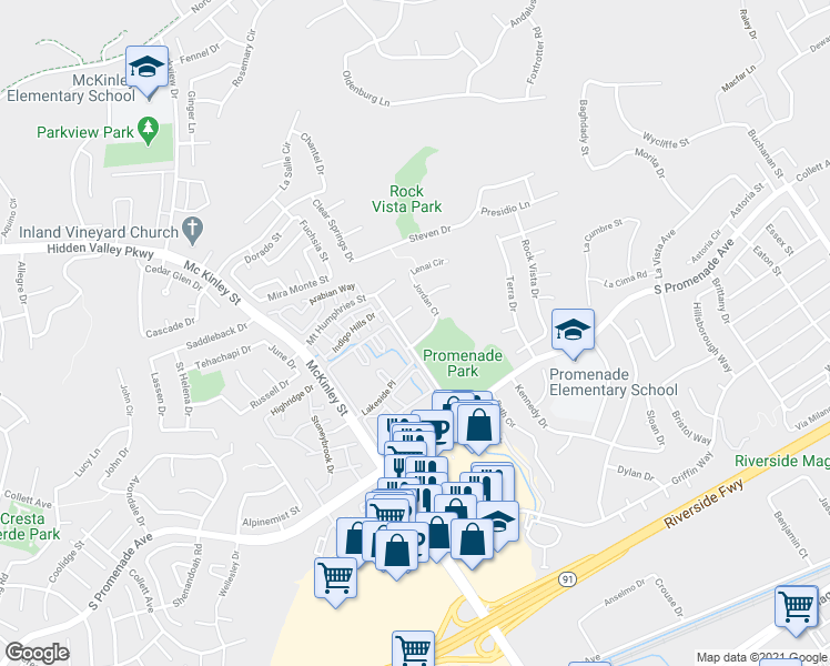 map of restaurants, bars, coffee shops, grocery stores, and more near 2341 Mary Helen Street in Corona