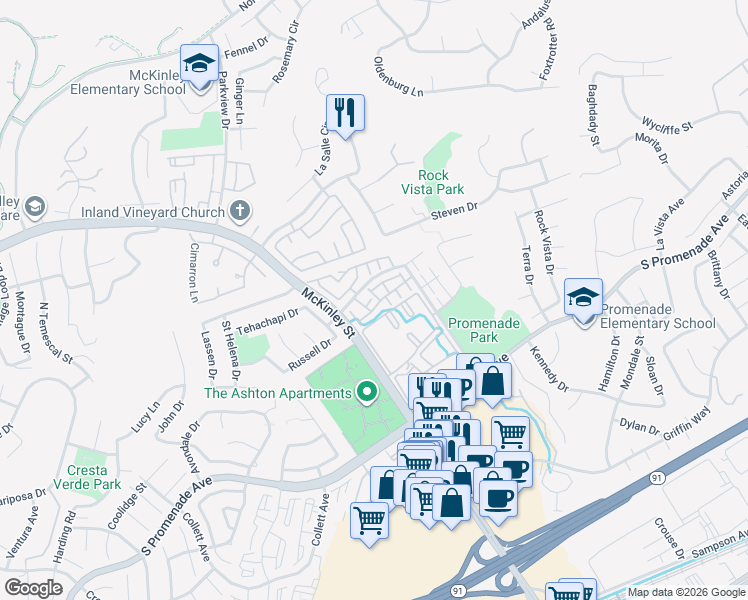 map of restaurants, bars, coffee shops, grocery stores, and more near 2225 Indigo Hills Drive in Corona