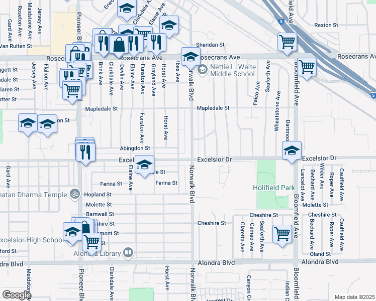 map of restaurants, bars, coffee shops, grocery stores, and more near 14912 Ibex Avenue in Norwalk