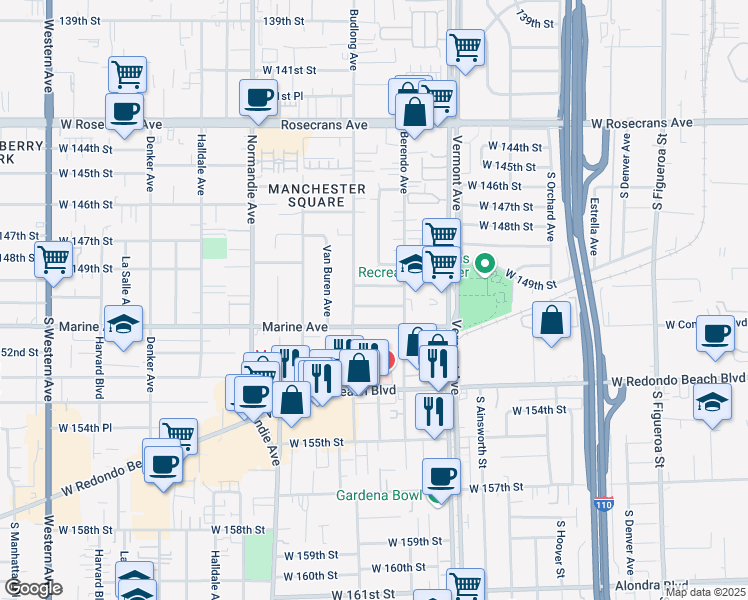 map of restaurants, bars, coffee shops, grocery stores, and more near 1121 West 150th Street in Gardena