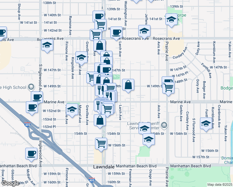 map of restaurants, bars, coffee shops, grocery stores, and more near 15000 Hawthorne Boulevard in Lawndale