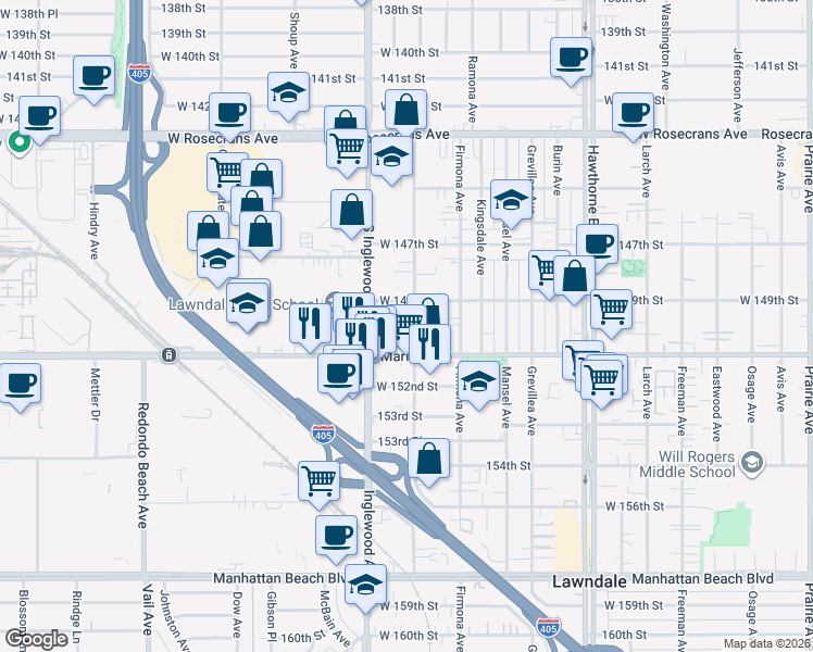 map of restaurants, bars, coffee shops, grocery stores, and more near 14928 Inglewood Avenue in Lawndale