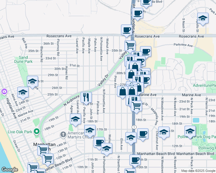 map of restaurants, bars, coffee shops, grocery stores, and more near 2608 Walnut Avenue in Manhattan Beach