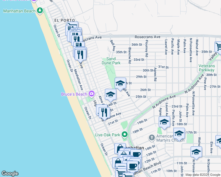 map of restaurants, bars, coffee shops, grocery stores, and more near 448 27th Street in Manhattan Beach